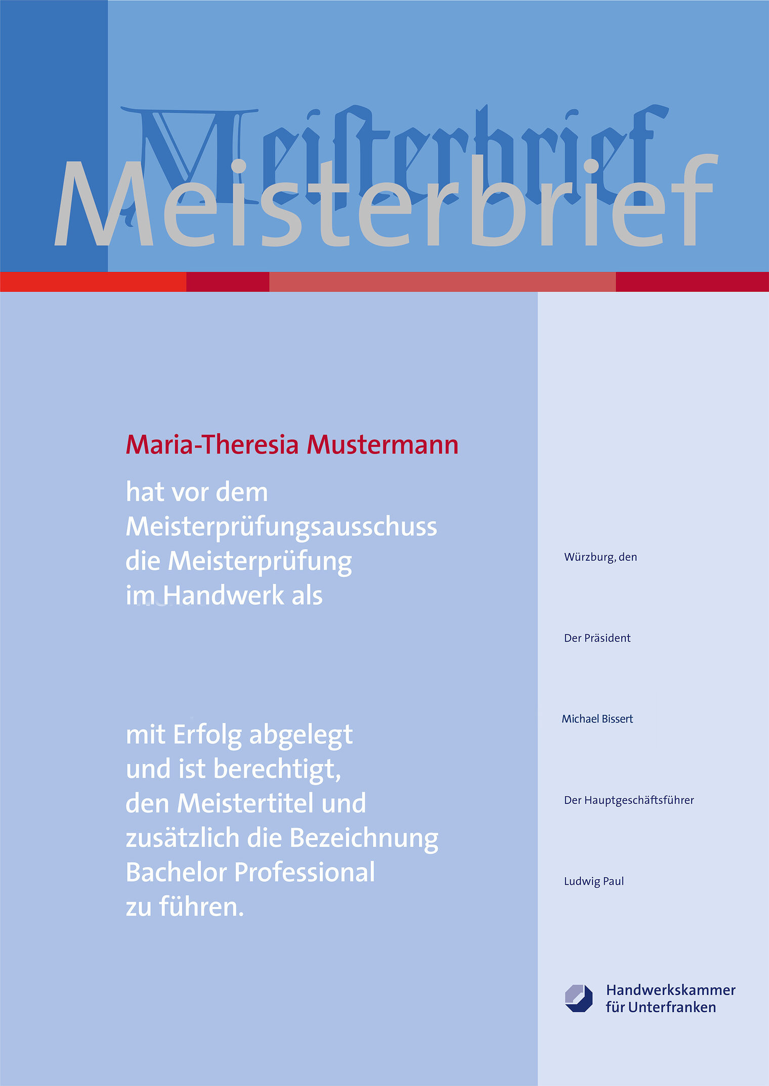 Meisterbrief Handwerkskammer für Unterfranken