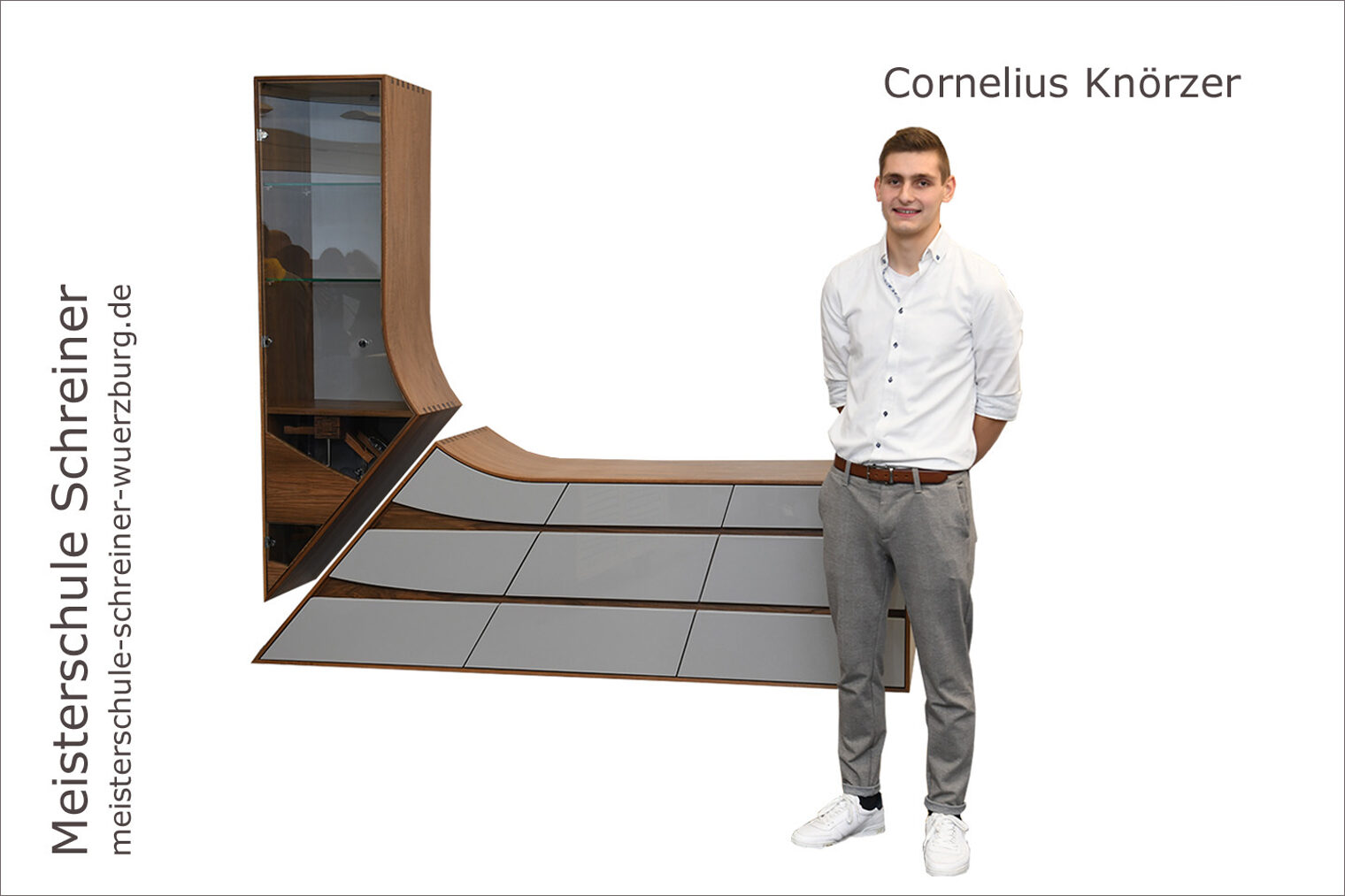 Porträt Cornelius Knörzer mit seinem TV-Lowboard mit Hängeschrank als Schreinermeisterstück