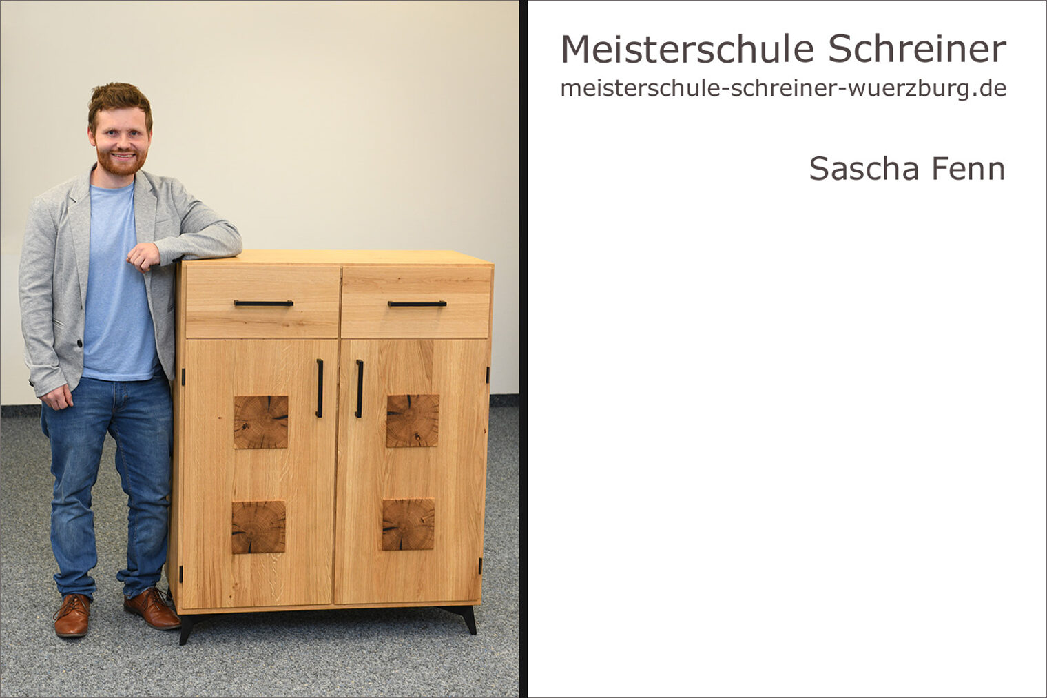 Porträt von Sascha Fenn mit seinem Schreinermeisterstück "Kommode in Asteiche".