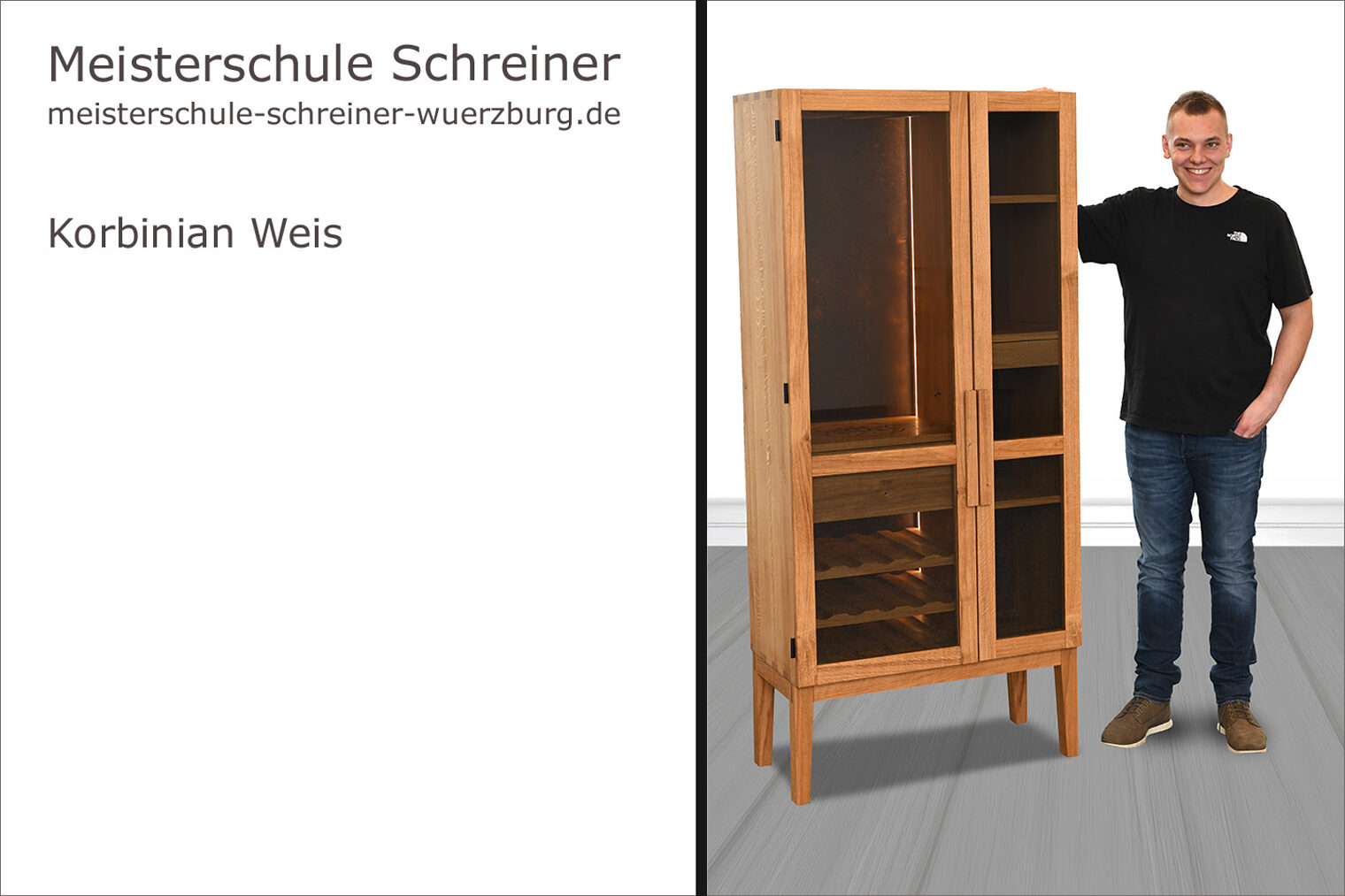 Porträt von Korbinian Weis mit seinem Schreinermeisterstück "Heimatliebe Genußmöbel".