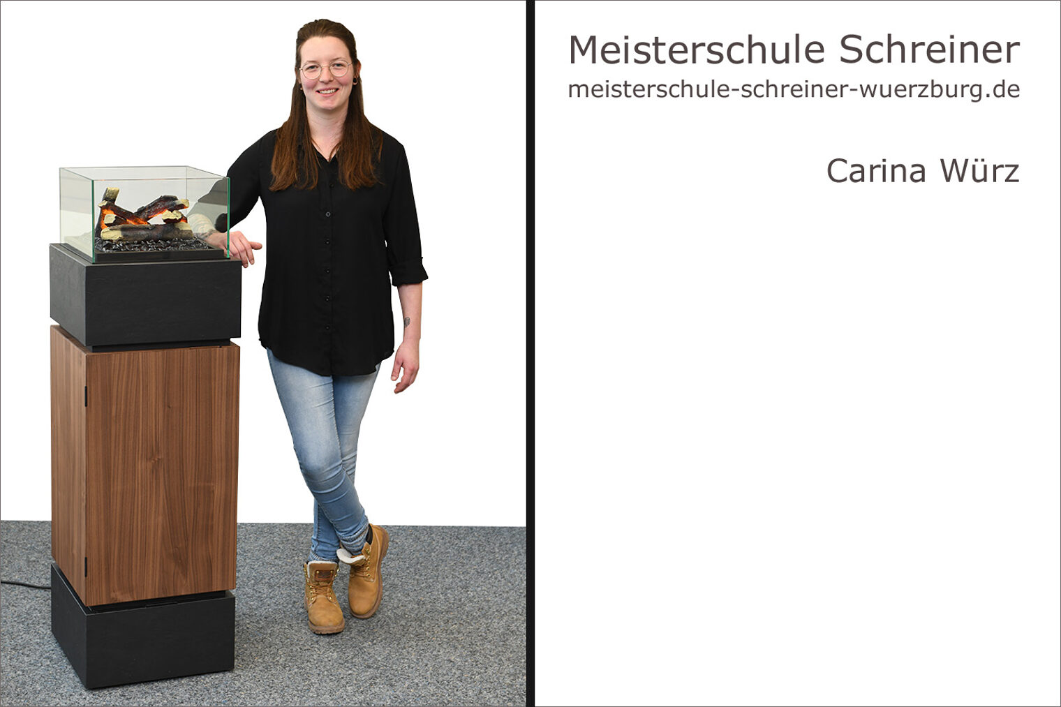 Porträt von Carina Würz mit ihrem Schreinermeisterstück "Inflame".