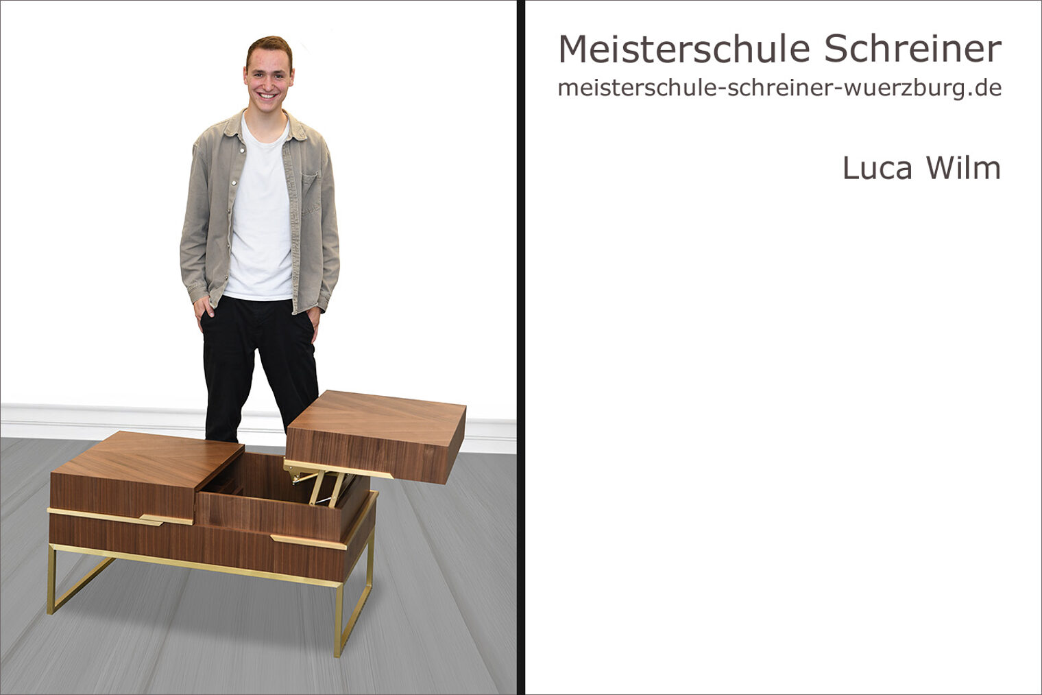 Porträt von Luca Wilm mit seinem Schreinermeisterstück "Couchtisch-Pull to open"