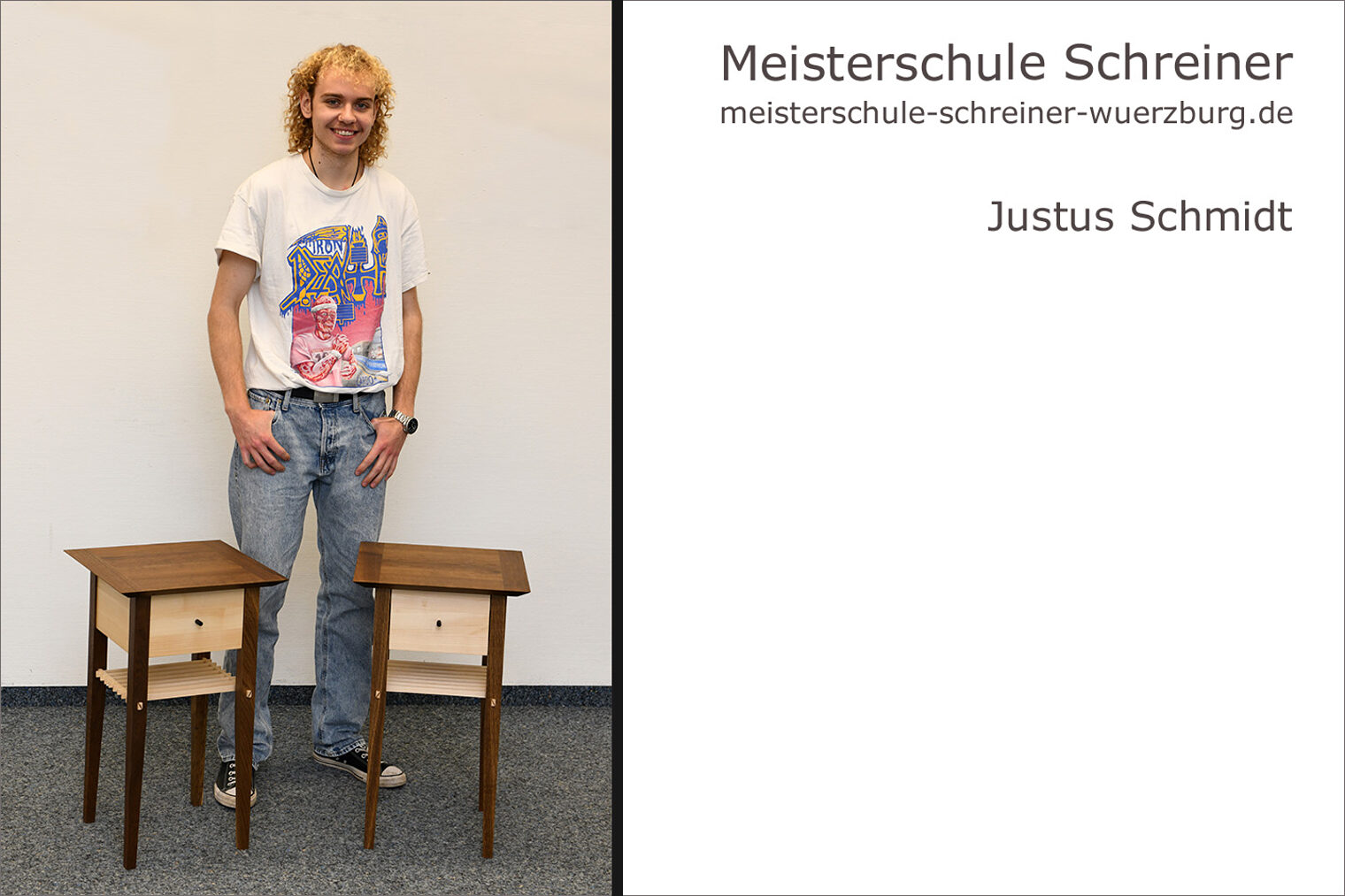 Porträt von Justus Schmidt mit seinem Schreinermeisterstück "Nachttisch aus Räuchereiche und Ahorn".
