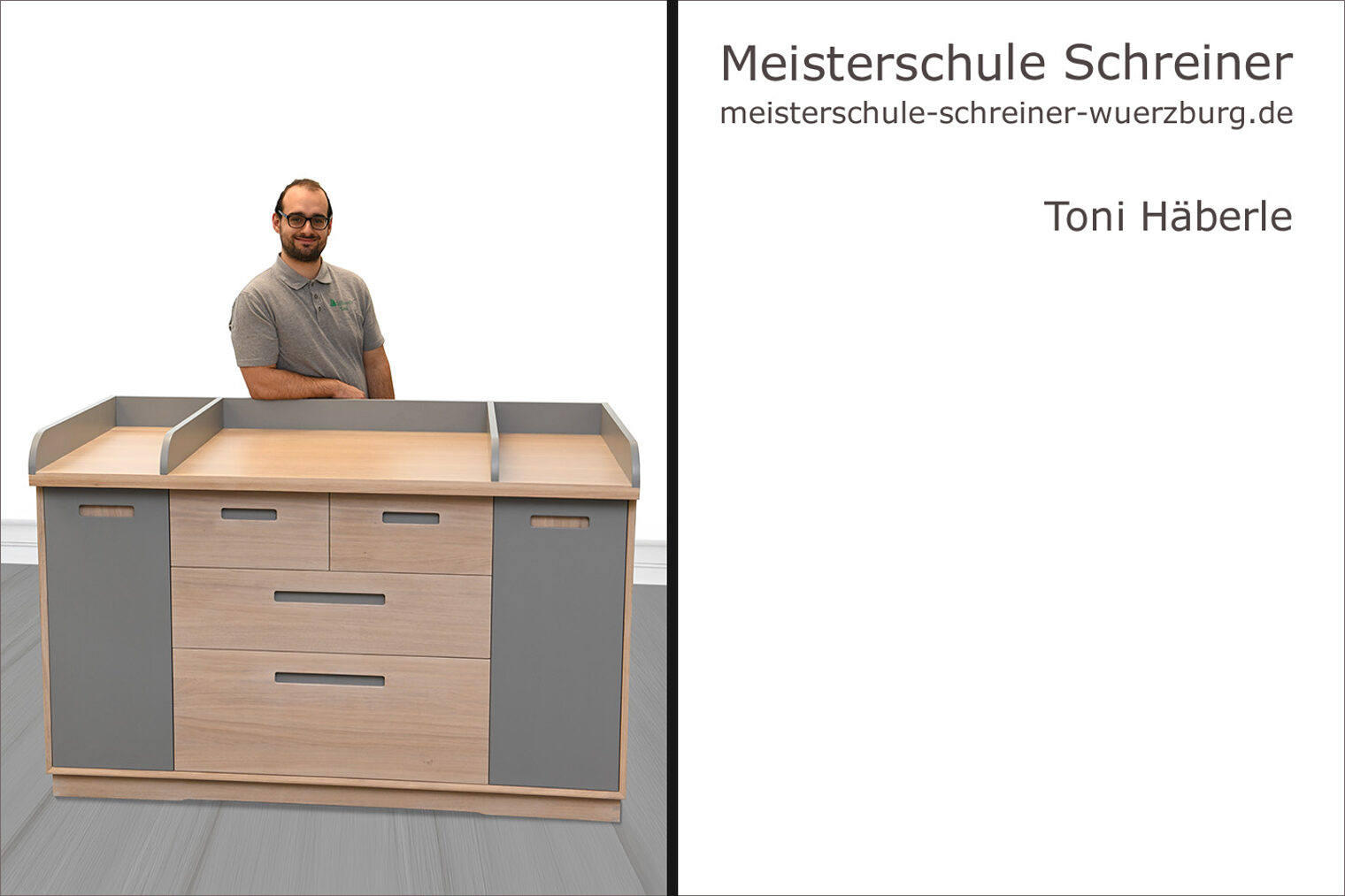 Porträt von Toni Häberle mit seinem Schreinermeisterstück "Wickelkommode".