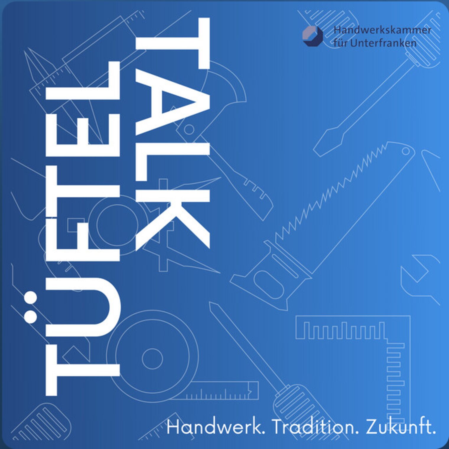 Logo des Podcasts "TüftelTalk" Logo des Podcasts "TüftelTalk" mit weißer Schrift auf blauem Hintergrund mit hellen Illustrationen von Werkzeugen