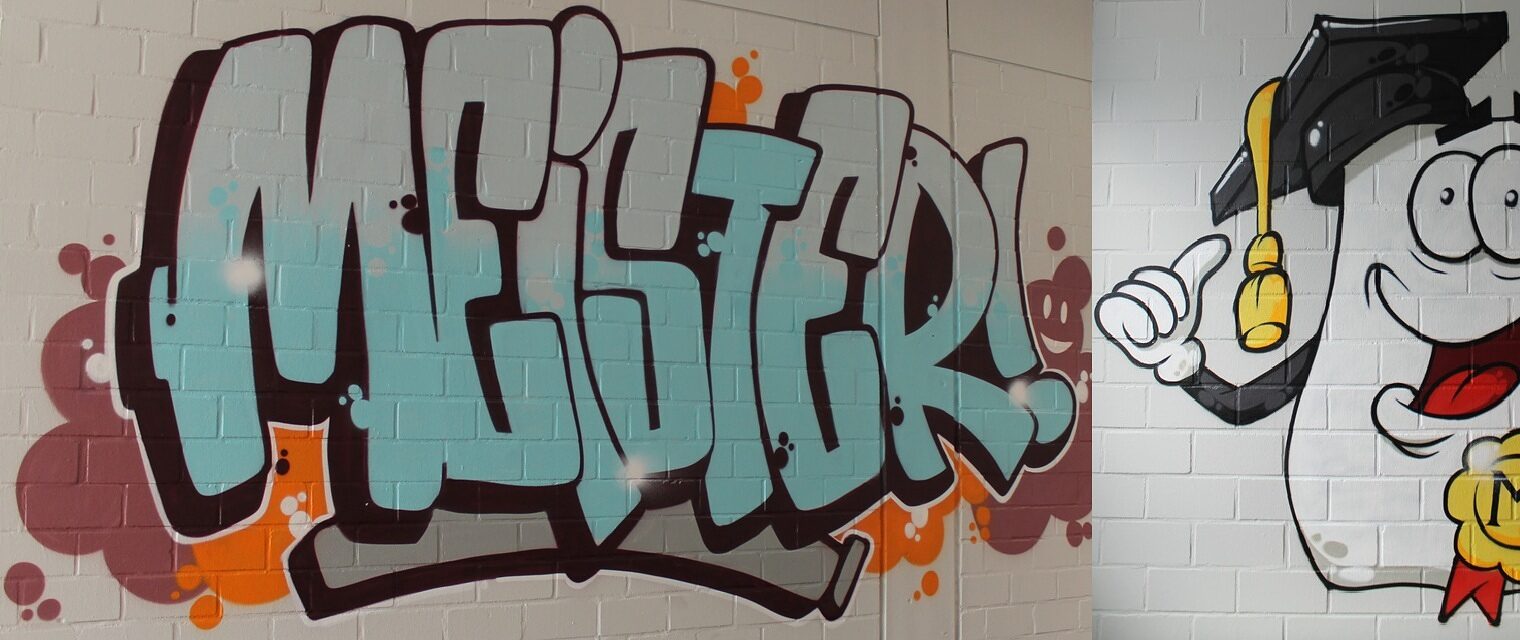 Graffiti mit Schriftzug "Meister" – Informationsabend zur Meisterschule Feinwerkmechaniker/in im Bildungszentrum