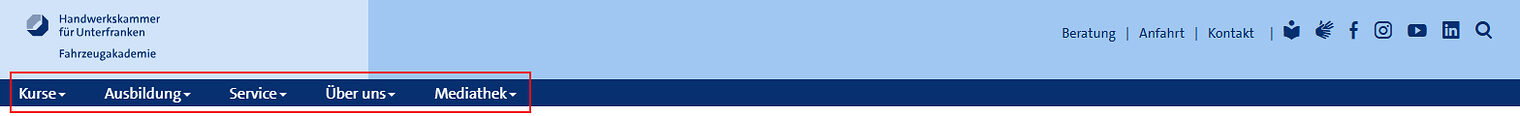 Screenshot der Hauptnavigation auf www.fahrzeugakademie.de