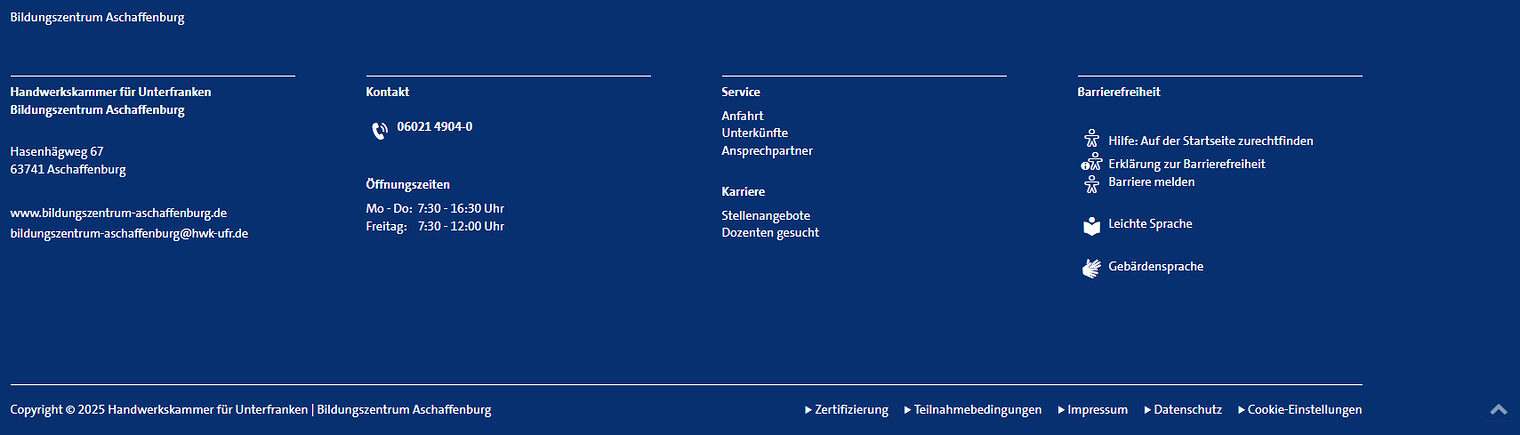 Footer Bildungszentrum Aschaffenburg Screenshot des Footer-Bereichs auf www.bildungszentrum-aschaffenburg.de