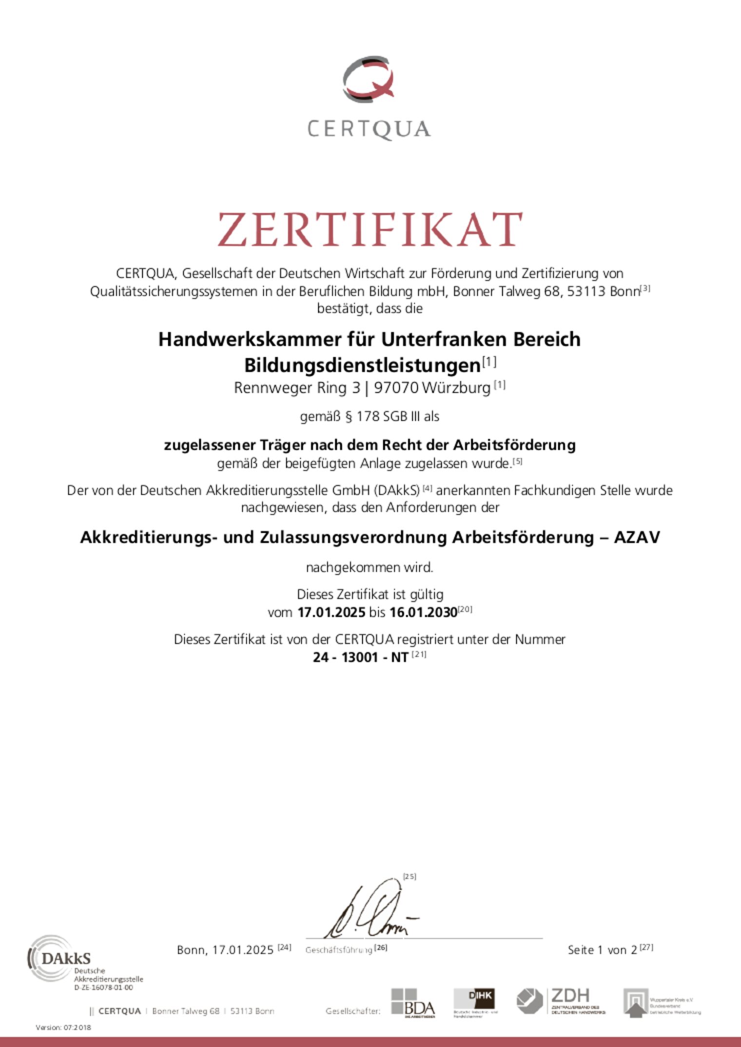 Zertifikat AZAV