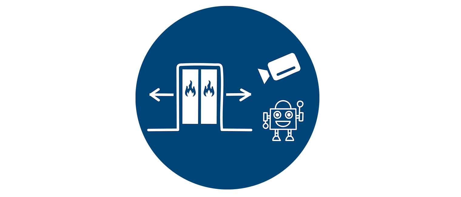 Blauer Kreis mit weißen Icons - Kamera, Roboter und Schweißkabine Blauer Kreis mit weißen Icons - Kamera, Roboter und Schweißkabine