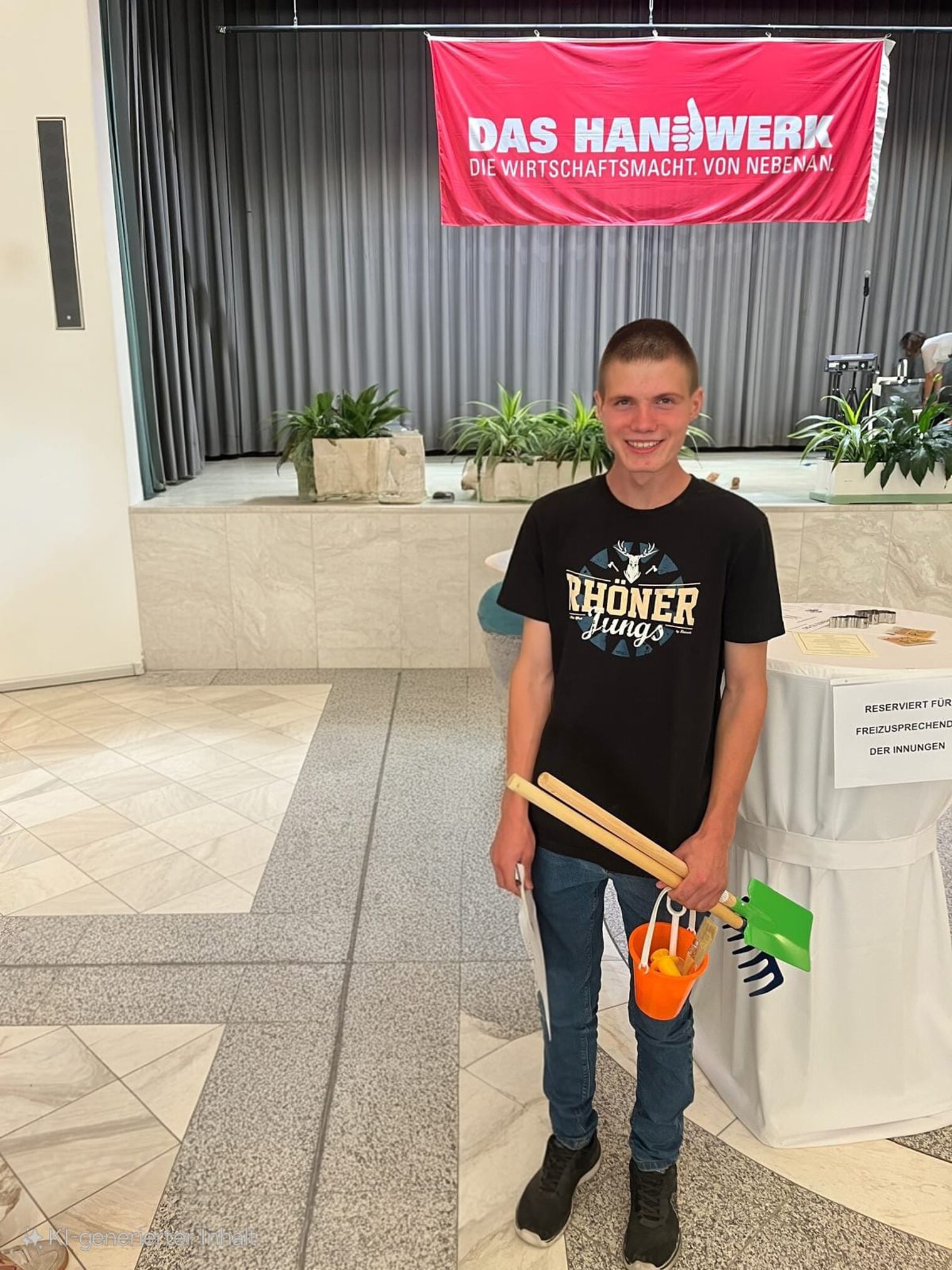 DMH 2025 | Kammersieger Sieger steht vor Bühne mit Spielzeugwerkzeug in der Hand