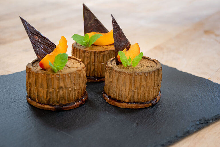 Baumstammdessert: Sahnedessert mit luftiger Vollmilch-Mousse, Aprikosenaroma, Nussmürbeteig und Nougatcrunch.